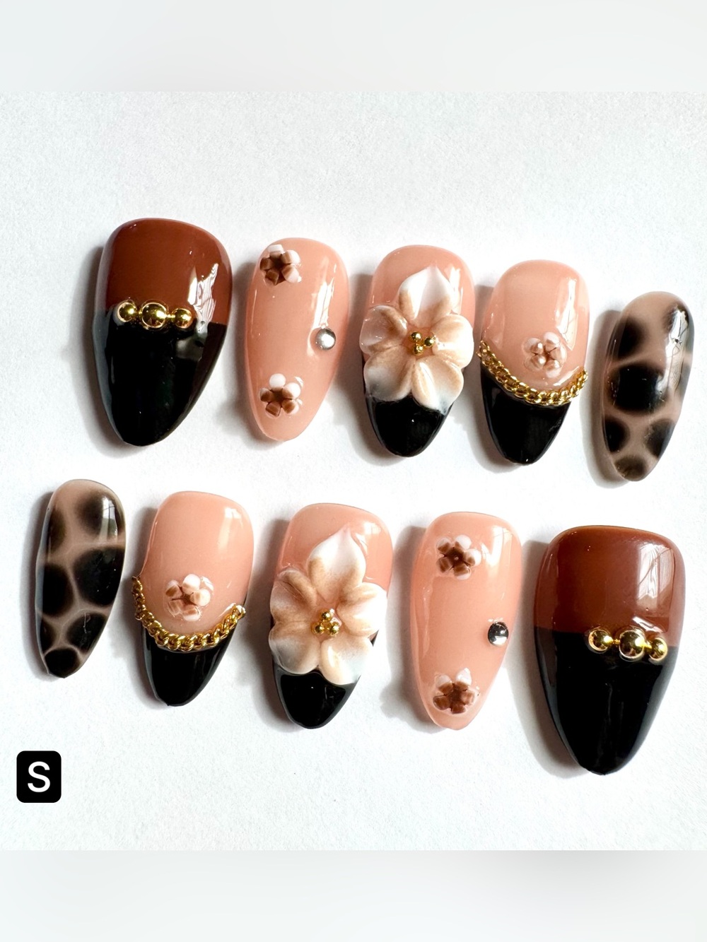 Nude Brown Black Floral Press-On Nails